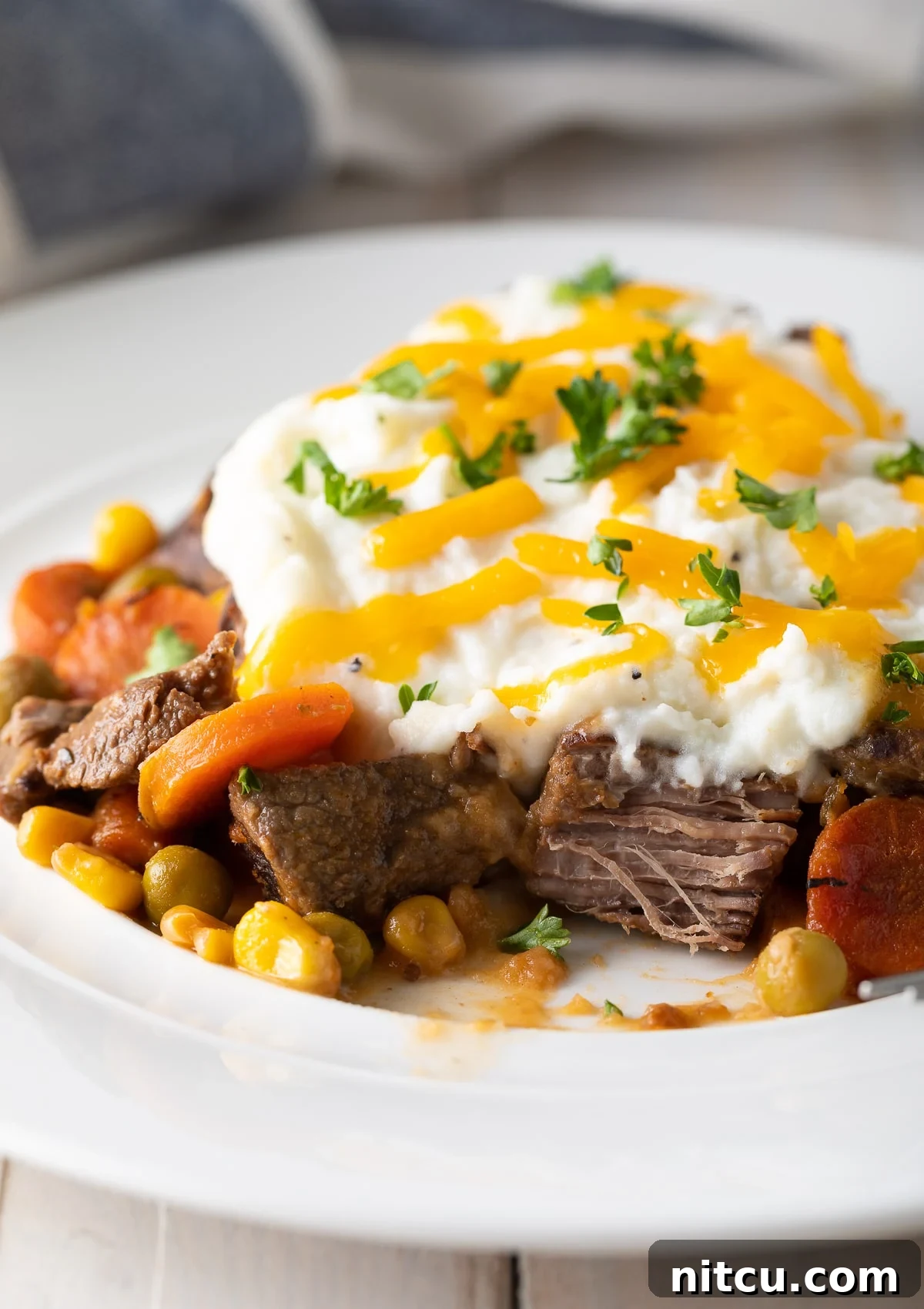 Shepherd's pie in a white plate. 