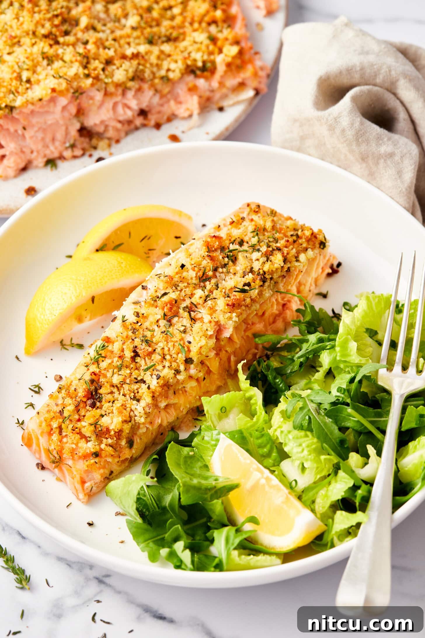 Golden parmesan crusted salmon, freshly baked and ready to enjoy, with a few bites missing from one end, highlighting its irresistible appeal.