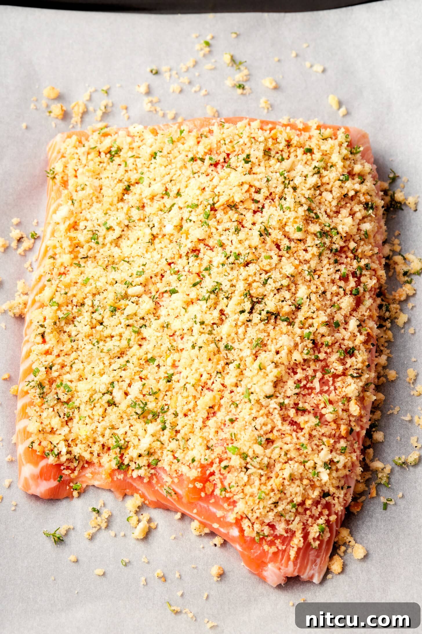 Raw salmon fillets evenly coated with the parmesan herb crust mixture, arranged on parchment paper, ready for baking.