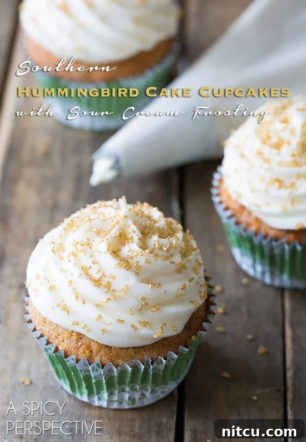 Hummingbird Cupcakes, a Southern classic dessert, beautifully decorated and ready to be enjoyed.