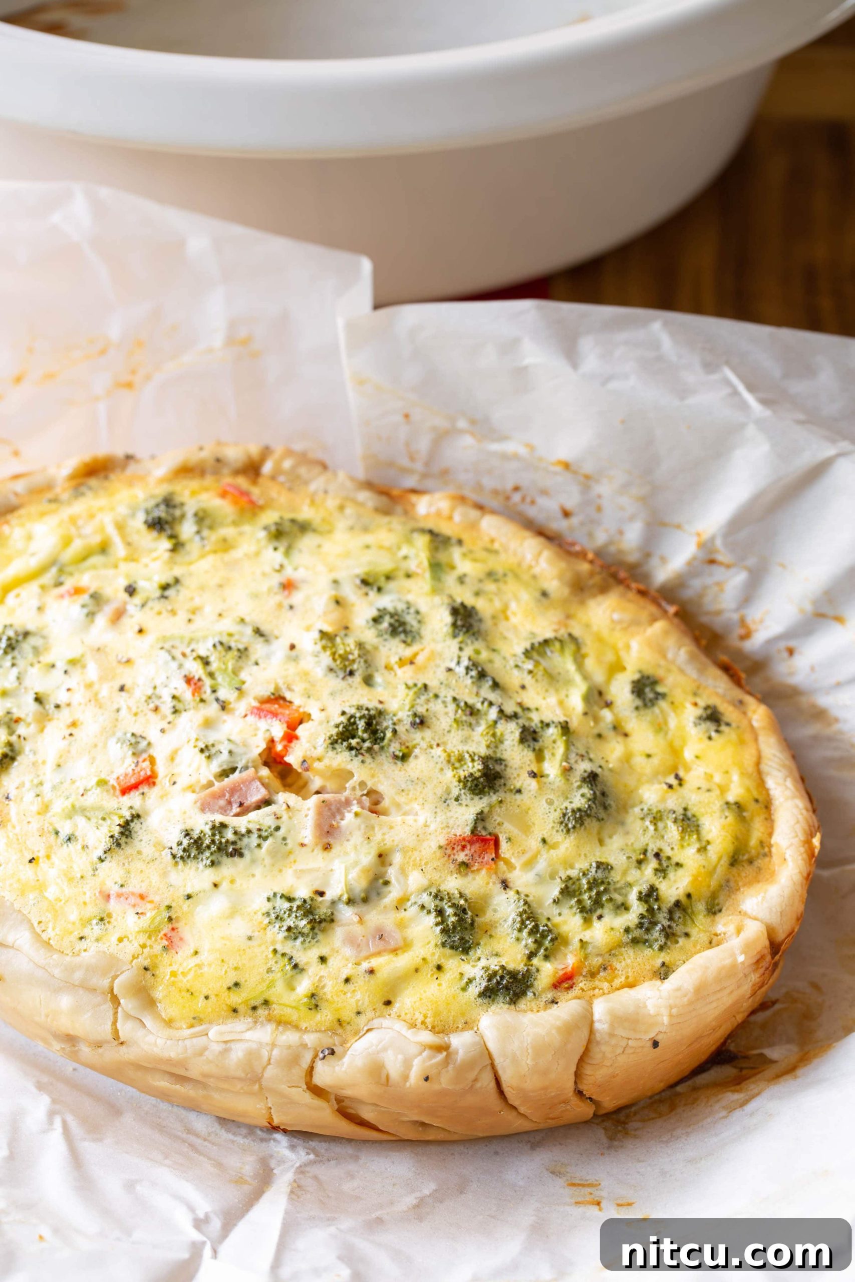 Top down view of baked quiche. 