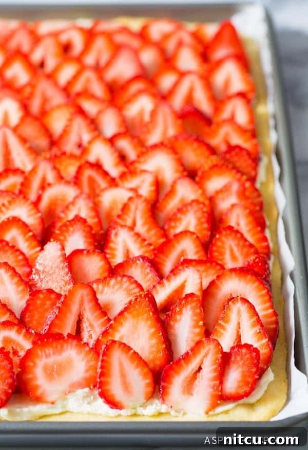 Fresh strawberry slices creating a beautiful pattern on the dessert pizza.