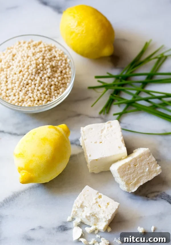 Fresh ingredients for Greek lemon chicken soup including chicken broth, lemons, garlic, onion, chicken breasts, pearl couscous, feta, and chives, neatly arranged on a marble countertop.