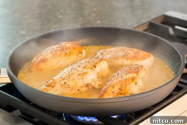 Chicken breast simmering in the rich, vibrant lime-garlic sauce in a skillet.