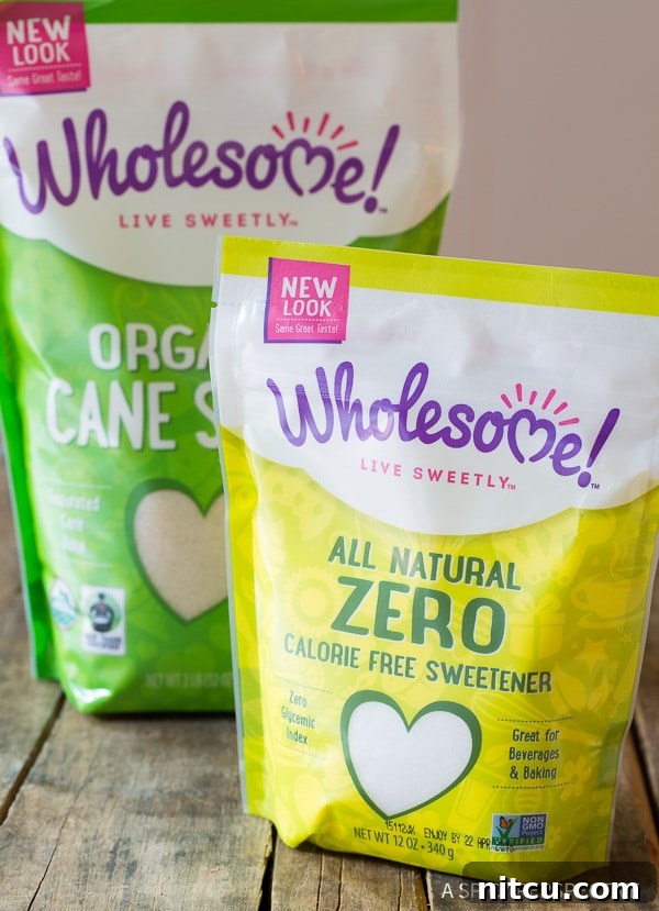 Wholesome Sweeteners products, including organic cane sugar and zero-calorie sweetener, showcased as premium ingredients.