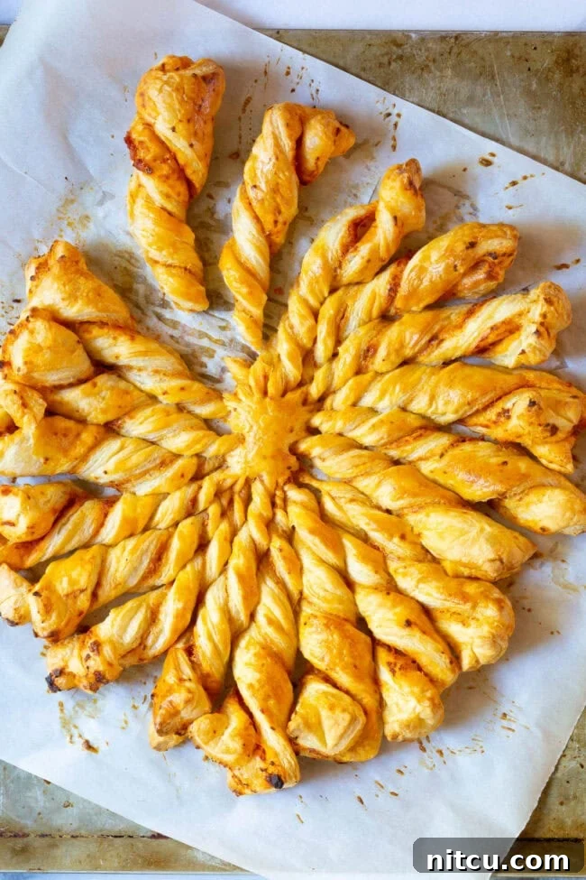 Crispy golden Sunburst Pull Apart Bread overhead shot 