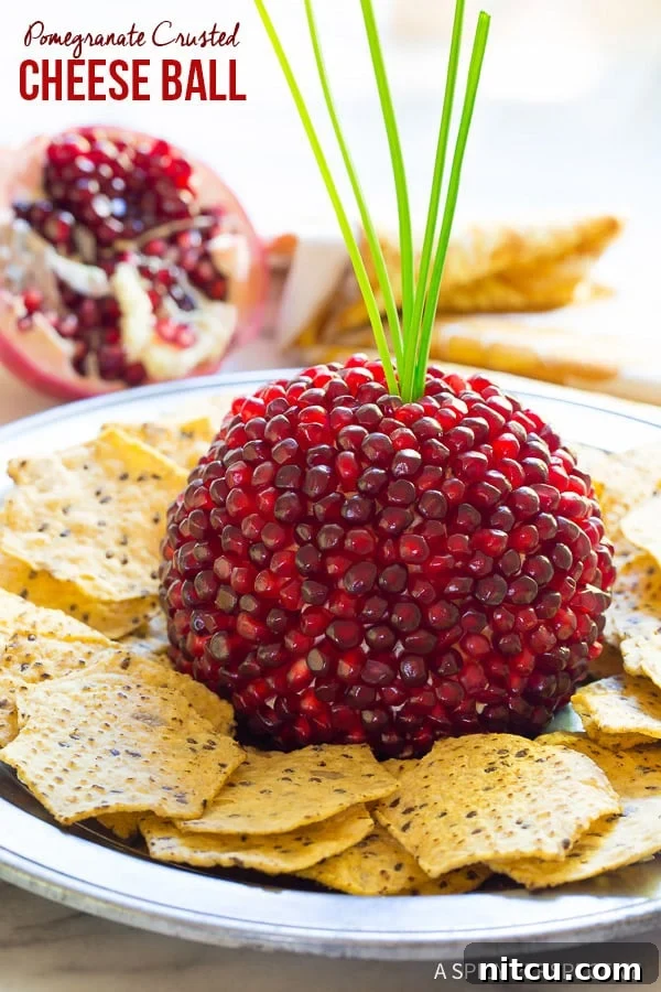 Pomegranate Cheese Ball Recipe on plate with crackers 