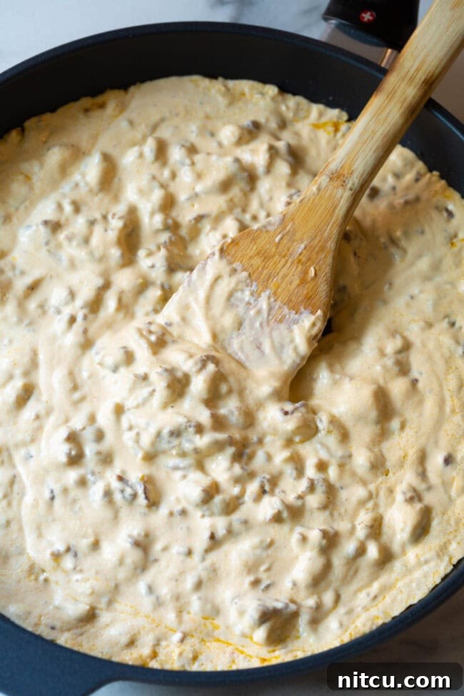 The rich, creamy sausage cheese dip simmering to perfection in a large skillet, with a wooden spoon ready to stir.