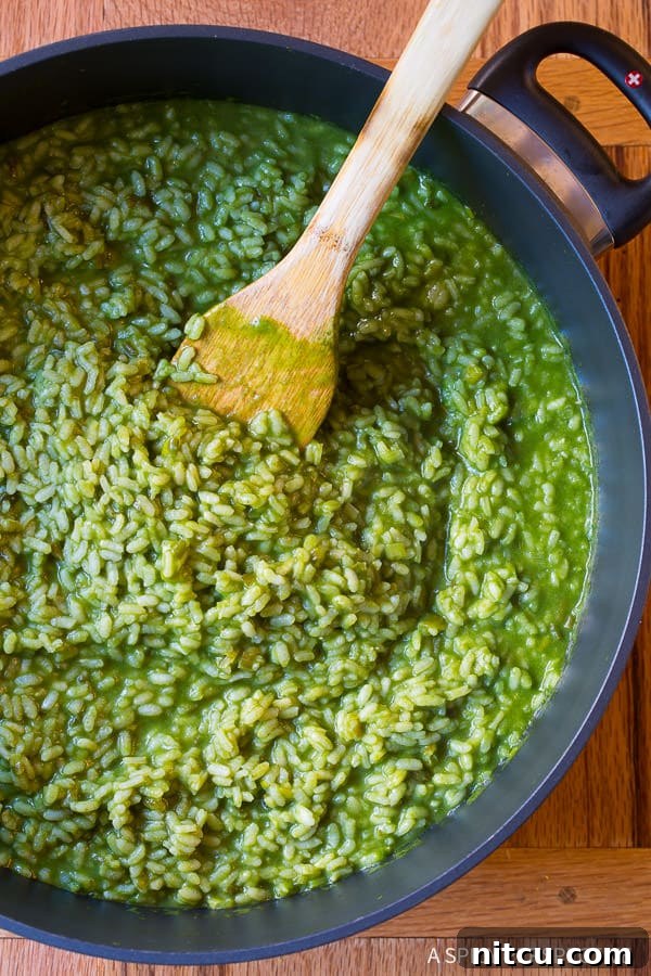 Risotto and spinach purée simmering in pot.