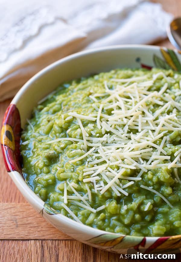 Bowl of green garlic parmesan risotto.