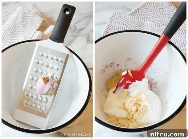 Step-by-step photos illustrating the preparation of creamy horseradish sauce, showing ingredients being mixed in a bowl.