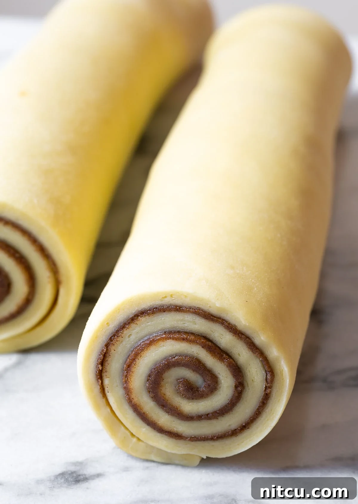 Neatly rolled cinnamon bun dough, showing a perfect cinnamon swirl in the middle, before slicing.