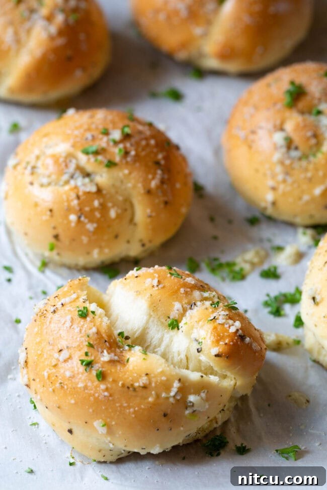 A garlic knot torn in half, revealing its airy, tender crumb and soft texture.
