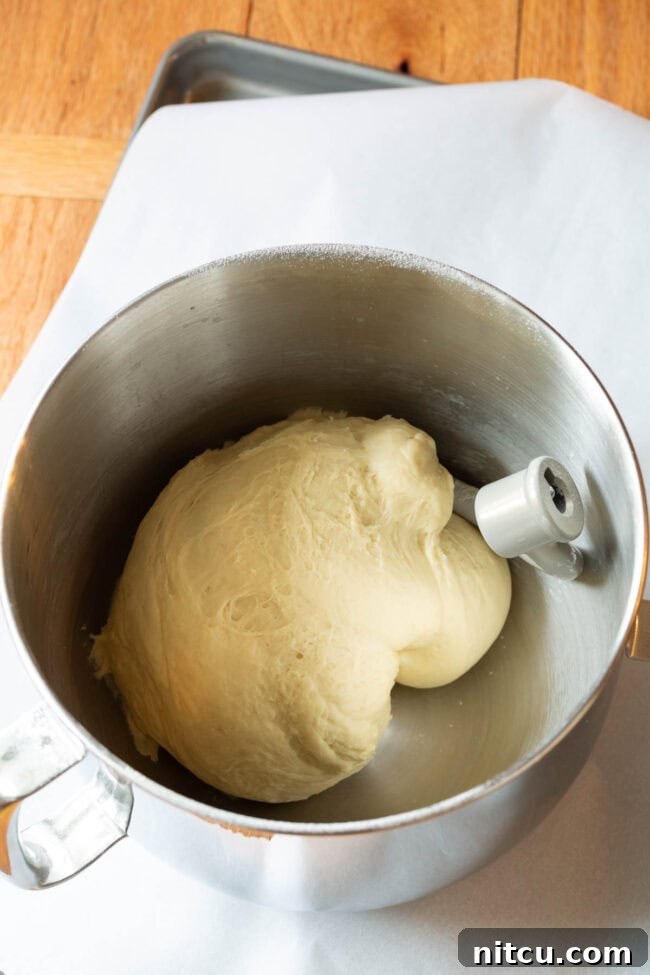 Garlic Knots bread dough in mixing a stand mixer bowl, showing its smooth and elastic texture.