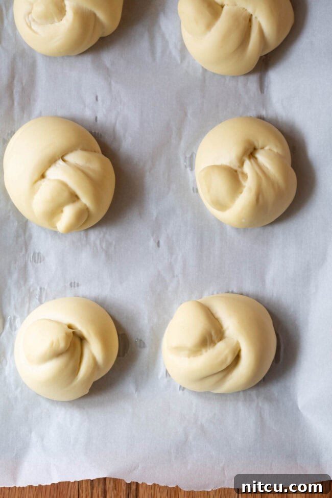 Uncooked garlic knots, perfectly shaped and spaced, resting on a parchment-lined baking sheet before their initial rise.