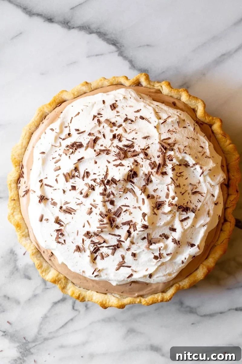 Overhead view of a whole Chocolate Silk Pie adorned with abundant whipped cream swirls and chocolate shavings.
