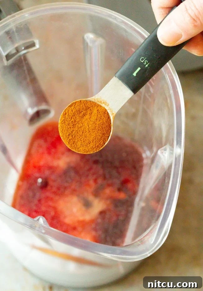 A teaspoon holding seasoning over blender with catalina dressing ingredients.