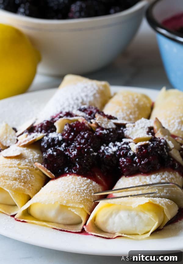 Cream Filled Blintz Pancakes with berry sauce over the top, garnished with fresh berries