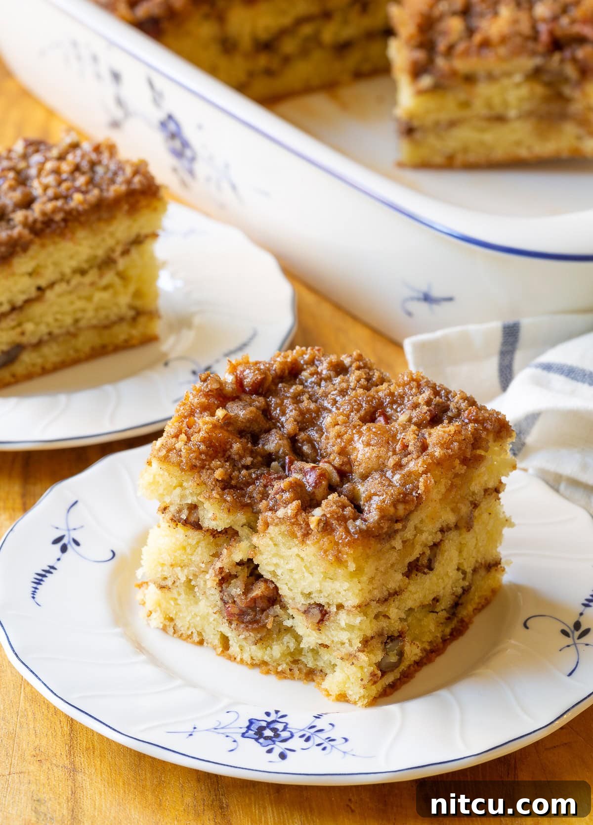 Kahlua Coffee Cake Recipe - sliced into squares, revealing its moist layers and crumble top