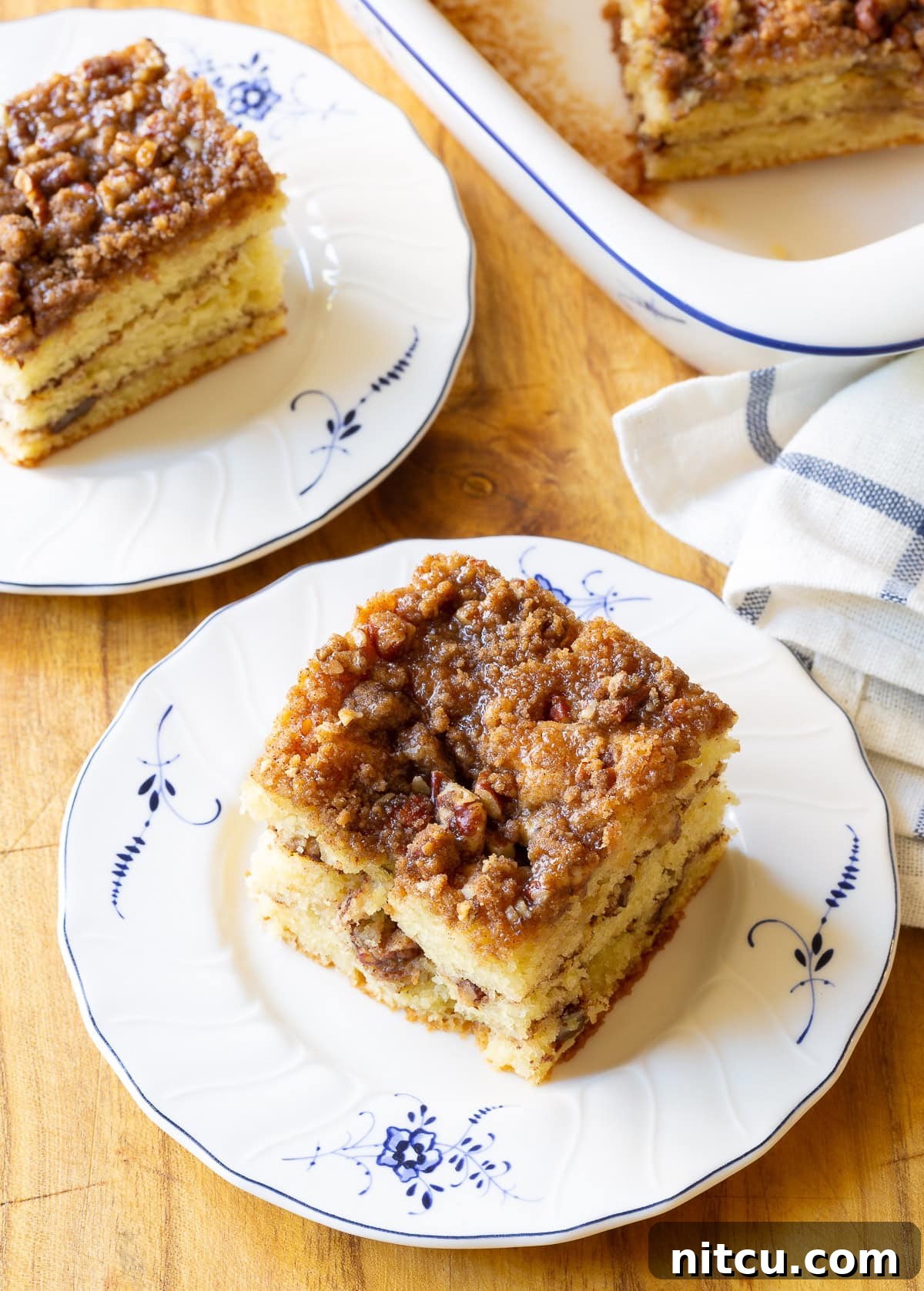 Kahlua Coffee Cake on blue and white plate, ready to be enjoyed