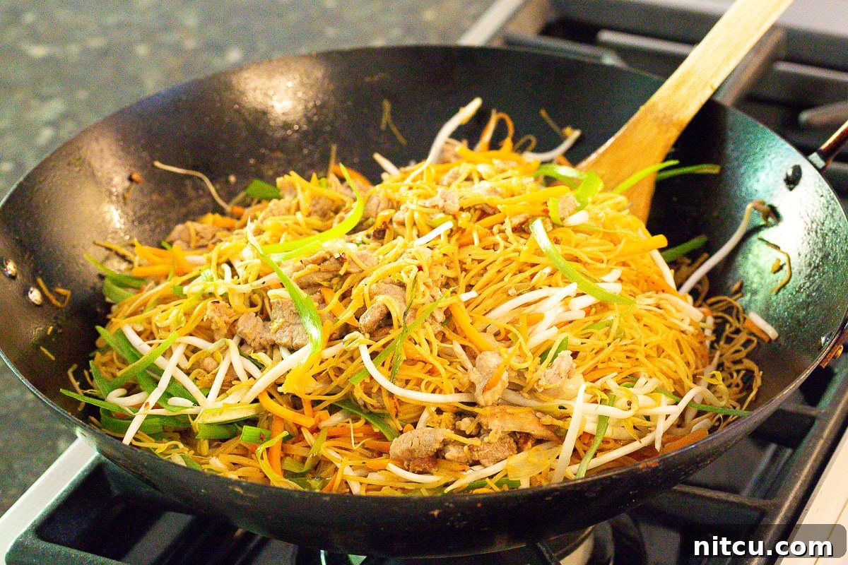 A chef expertly stir-frying noodles, pork, and vegetables in a large wok, creating a delicious pan-fried noodle dish.
