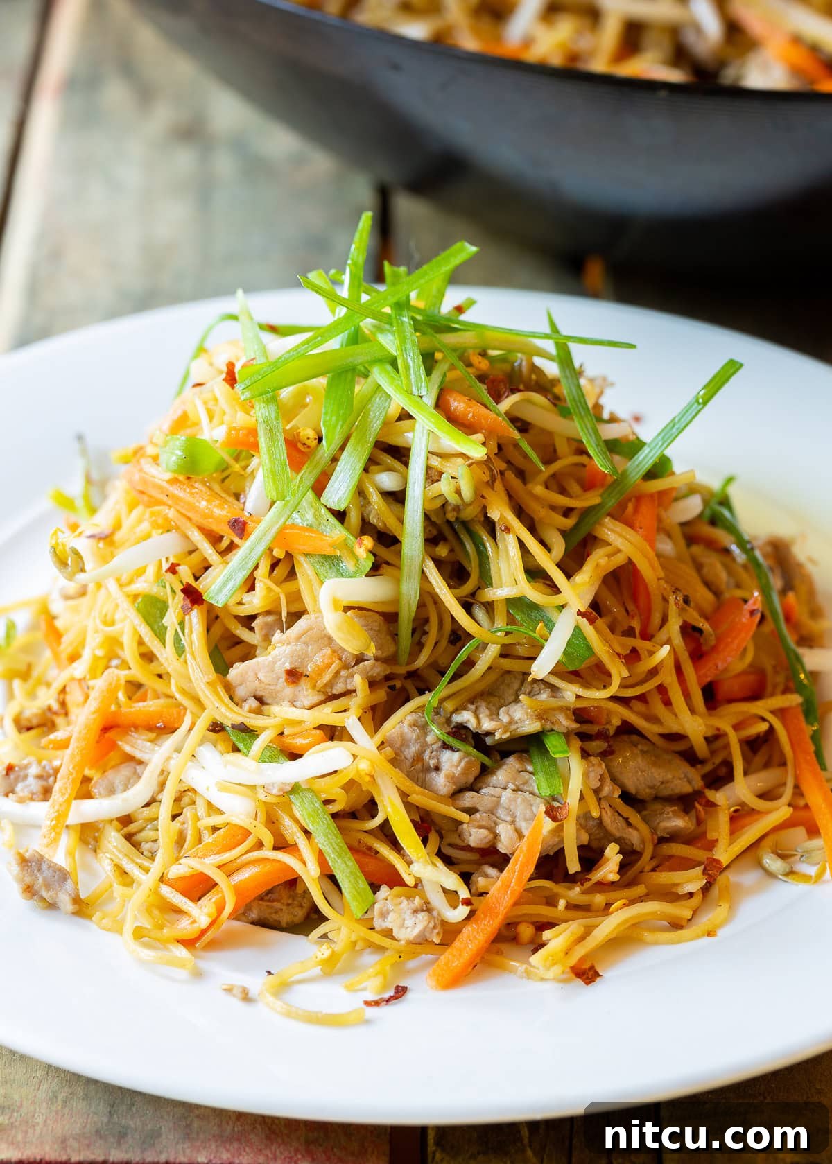 A generous serving of fresh Pork Lo Mein, piled high on a white plate, showcasing its appealing colors and textures.