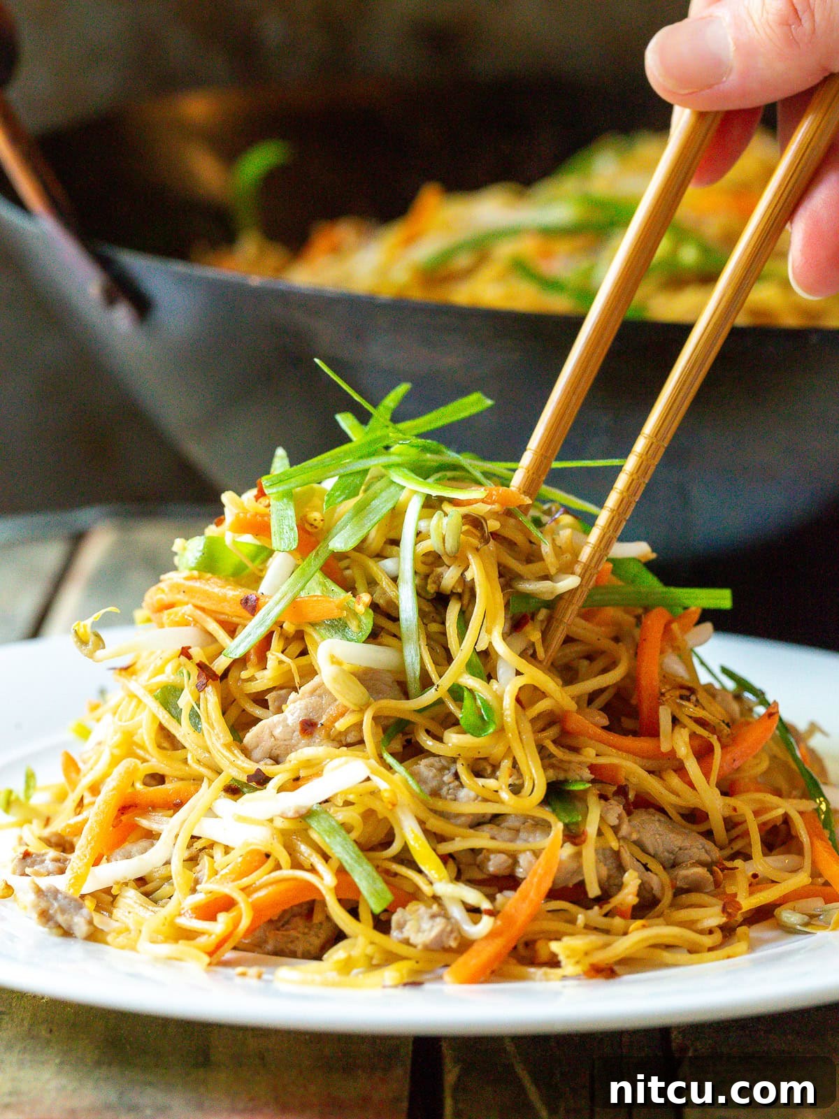 Chopsticks poised above a generous serving of Cantonese Noodles on a white plate, ready to pick up a delicious bite.