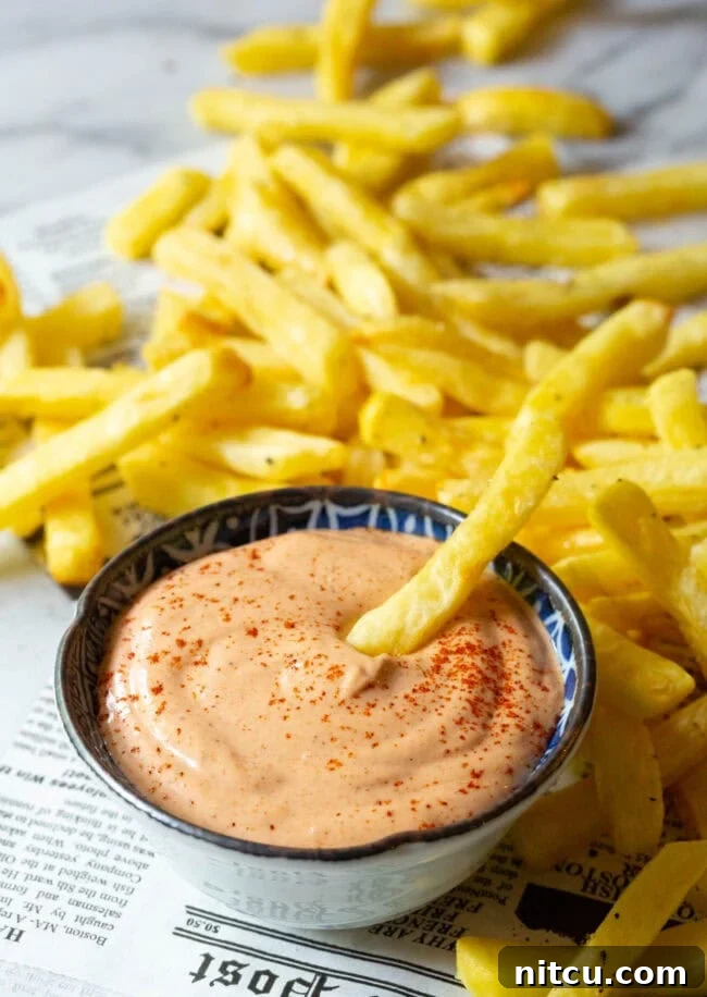 Crispy golden french fries arranged around a small bowl of rich, orange-hued Southern Comeback Sauce, with one fry mid-dip.