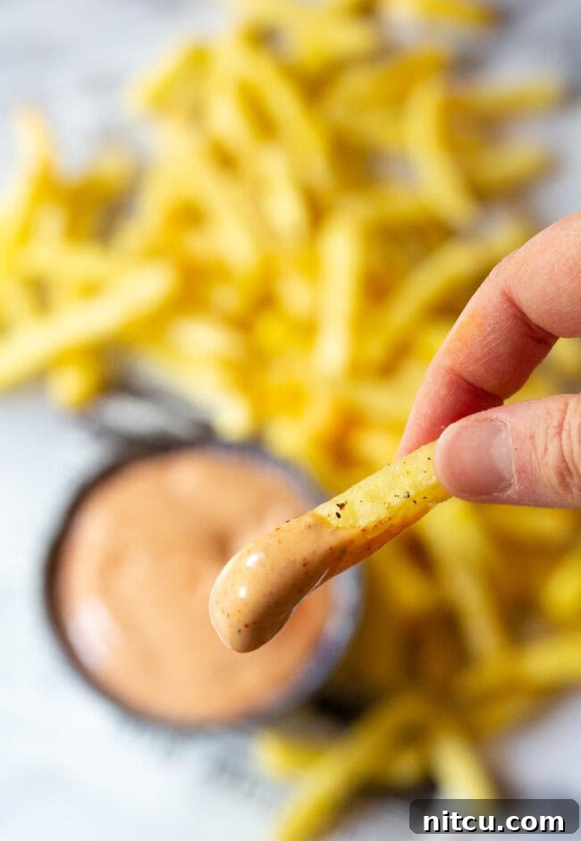 A close-up of a hand holding a French fry, dipped generously in creamy Southern Comeback Sauce, with more fries and sauce blurred in the background.