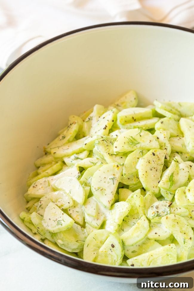 A large serving bowl filled with a beautifully prepared Greek Creamy Cucumber Salad, garnished with fresh dill sprigs, ready to be enjoyed.