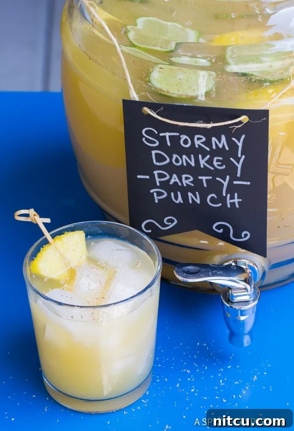 Stormy Donkey Party Punch: A refreshing large batch cocktail, perfect for summer and fall parties. Features rum, vodka, ginger beer, and tropical flavors.
