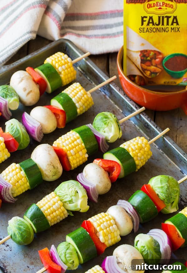 Arrangement of Vegetable Kabobs Before Grilling