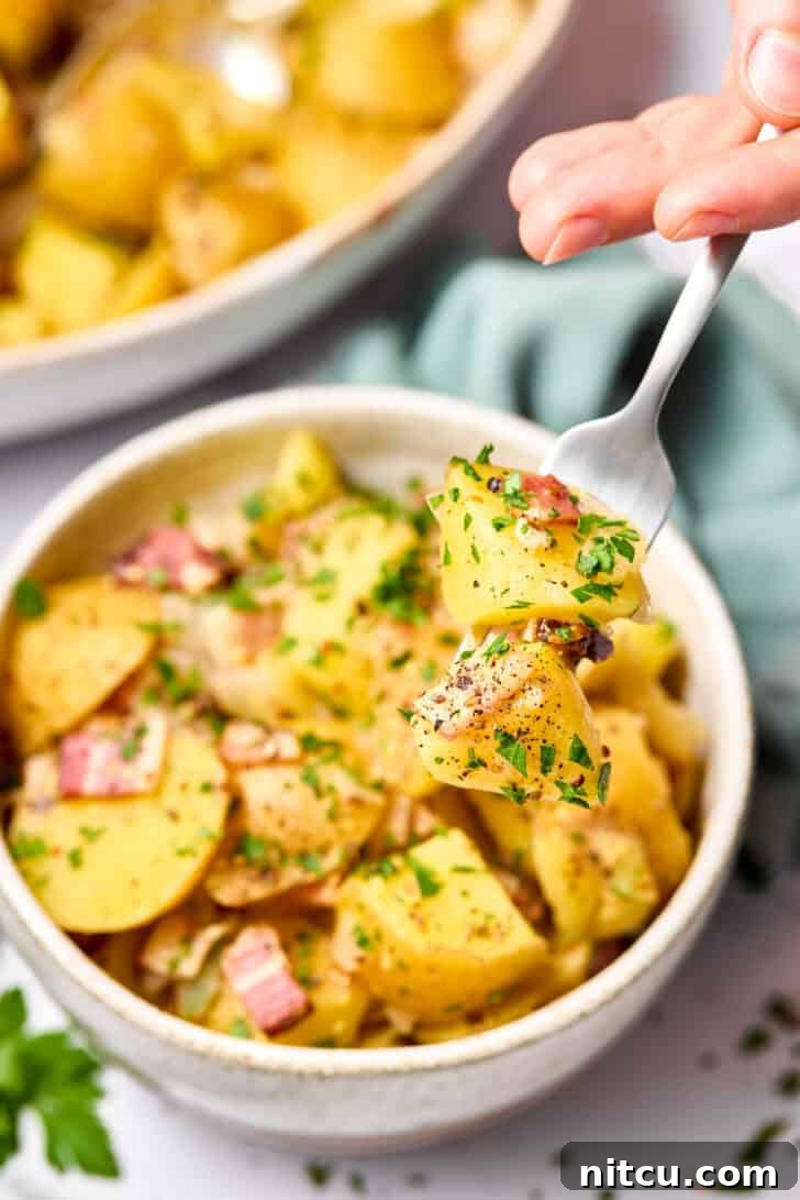 bite of hot potatoes on fork with small bowl in background