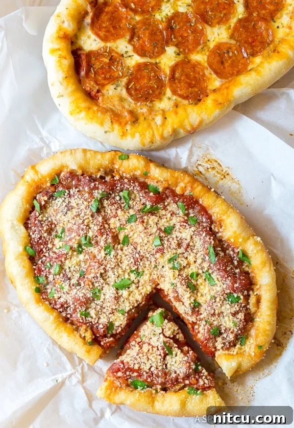 A close-up side view of a slow cooker deep dish pizza, showing its impressive layers and perfectly golden crust.