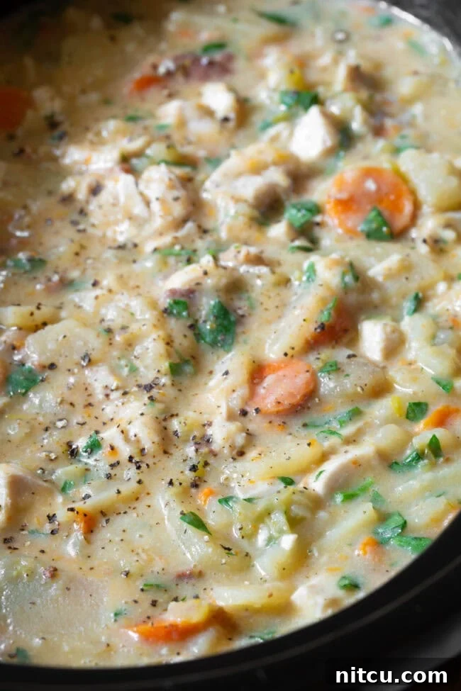 Slow cooker potato chicken soup in the crock pot after cooking. 