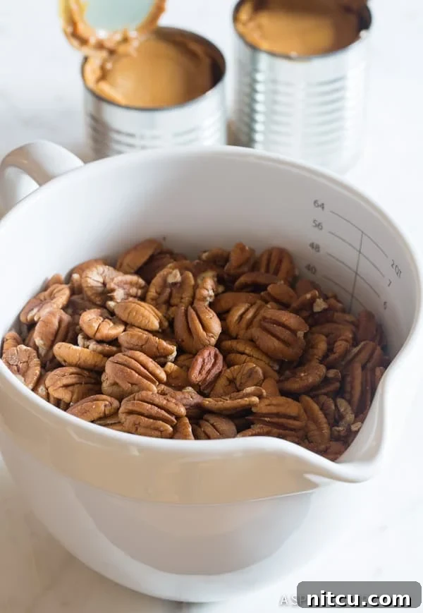 Shelled pecans gathered in a mixing bowl, ready for the caramel filling.