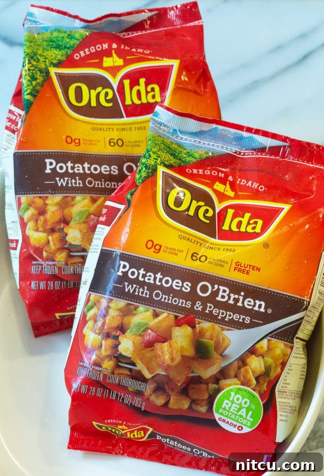 Close up of Ore Ida frozen hash brown potatoes. 