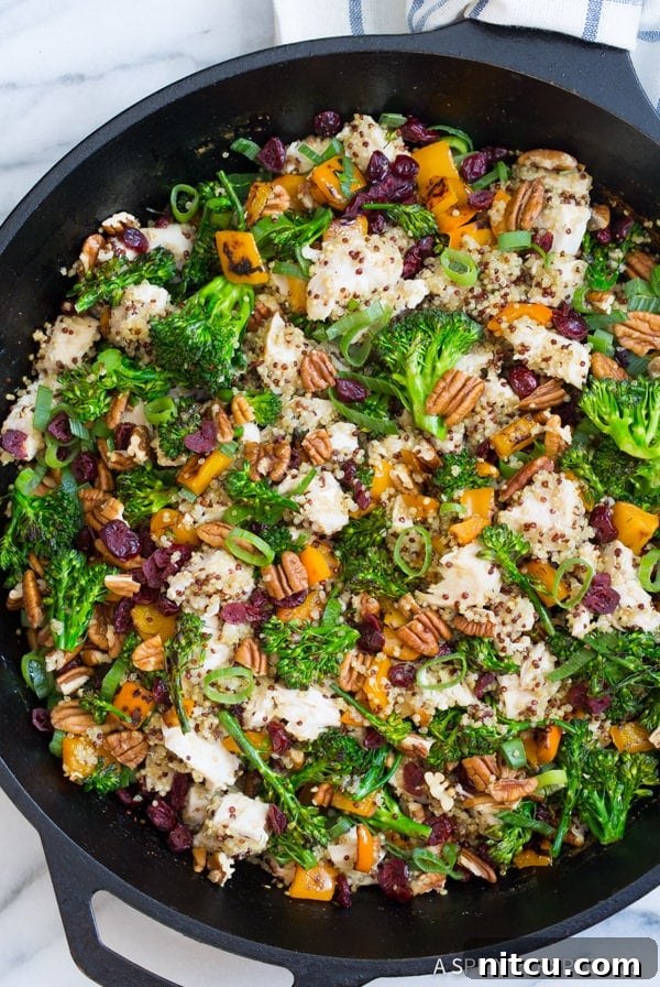 Easy Healthy Chicken Broccoli Quinoa, an overhead shot in a large skillet, highlighting the fresh ingredients and the vibrant colors of the finished dish.