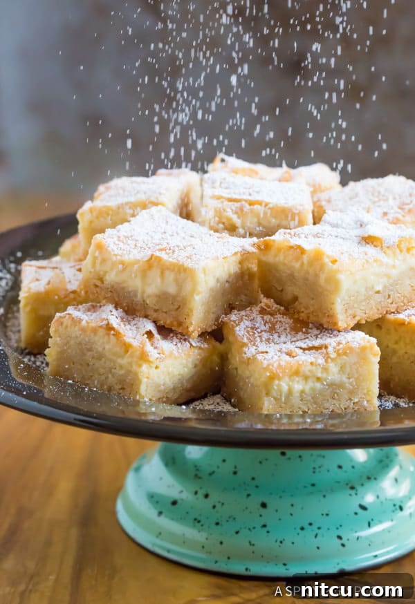 Dusting powdered sugar over tray of Ooey Gooey Butter Cake recipe.
