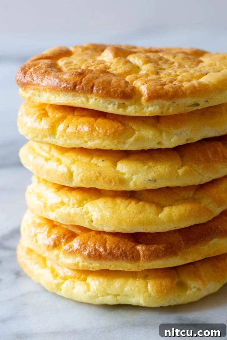 A beautifully stacked collection of cloud bread slices resting on a smooth marble surface, highlighting their airy texture.