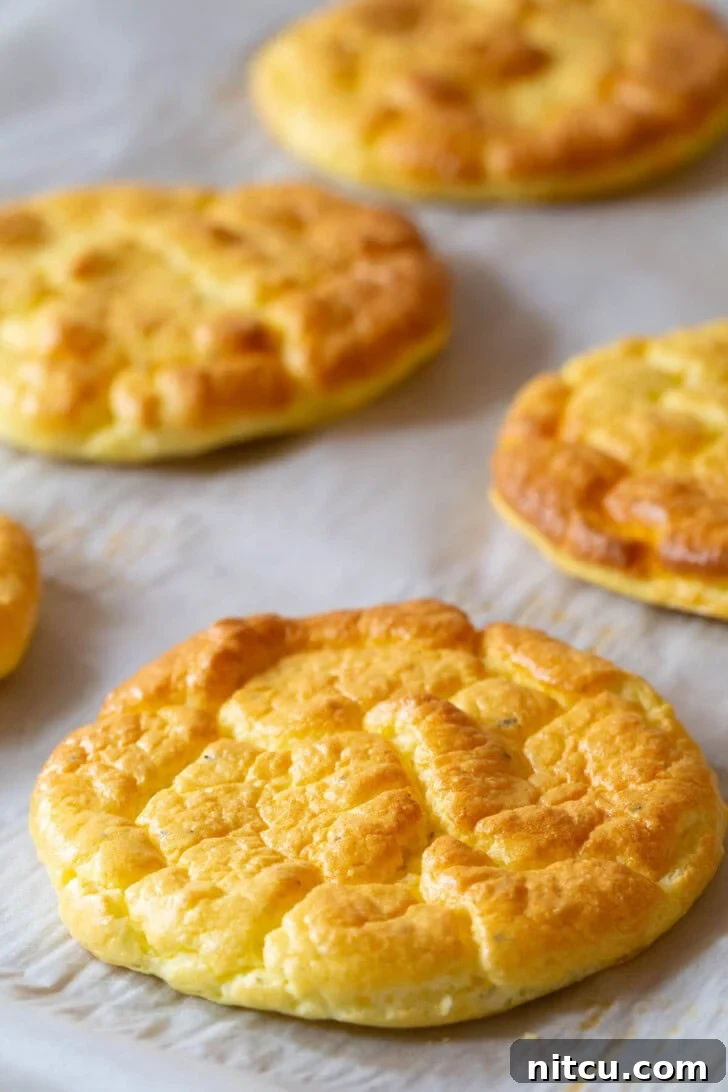 A single piece of cloud bread resting on a baking sheet, with more blurred pieces in the background, showcasing its golden crust.