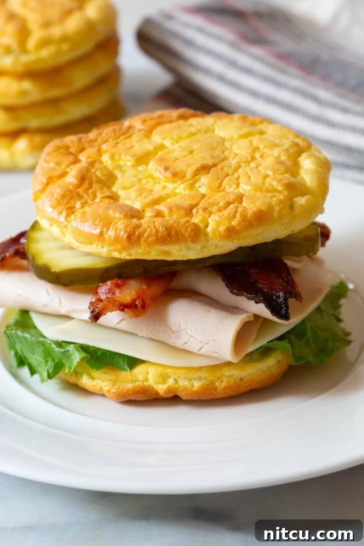 A delicious turkey bacon sandwich made with two slices of golden low-carb cloud bread, showcasing its perfect use as a bread alternative.