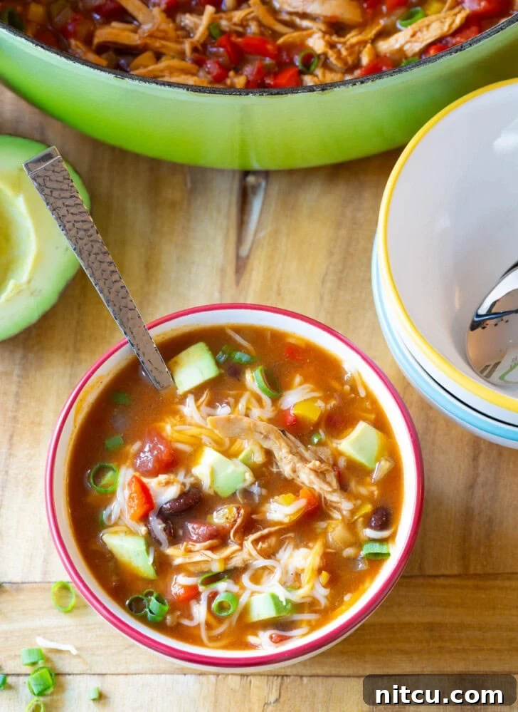 Top down view bowl of chicken fajita soup with a spoon in the bowl, garnished with fresh cilantro and lime.