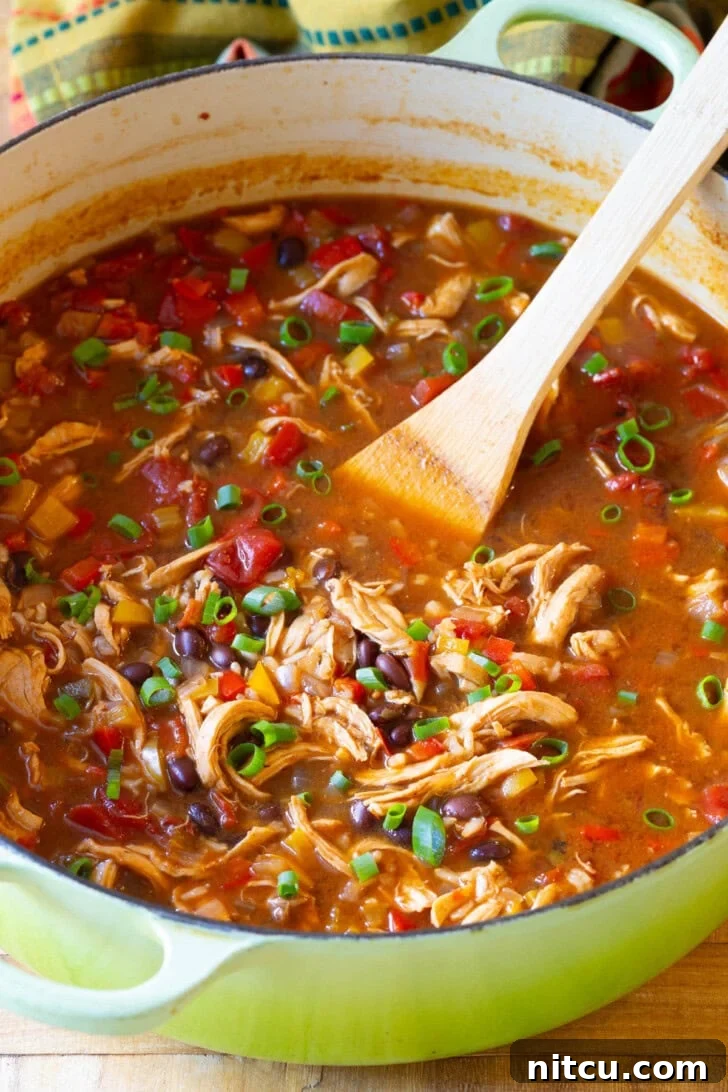 Chicken Fajita Soup simmering in a large green pot, showcasing chunks of chicken, black beans, bell peppers, and other vibrant vegetables.