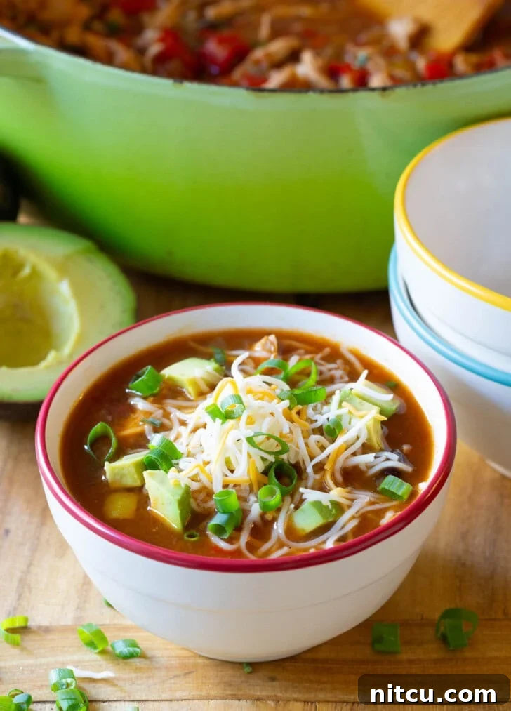 Fajita soup in a bowl with generous toppings: shredded cheese, vibrant sliced scallions, and perfectly diced avocado.