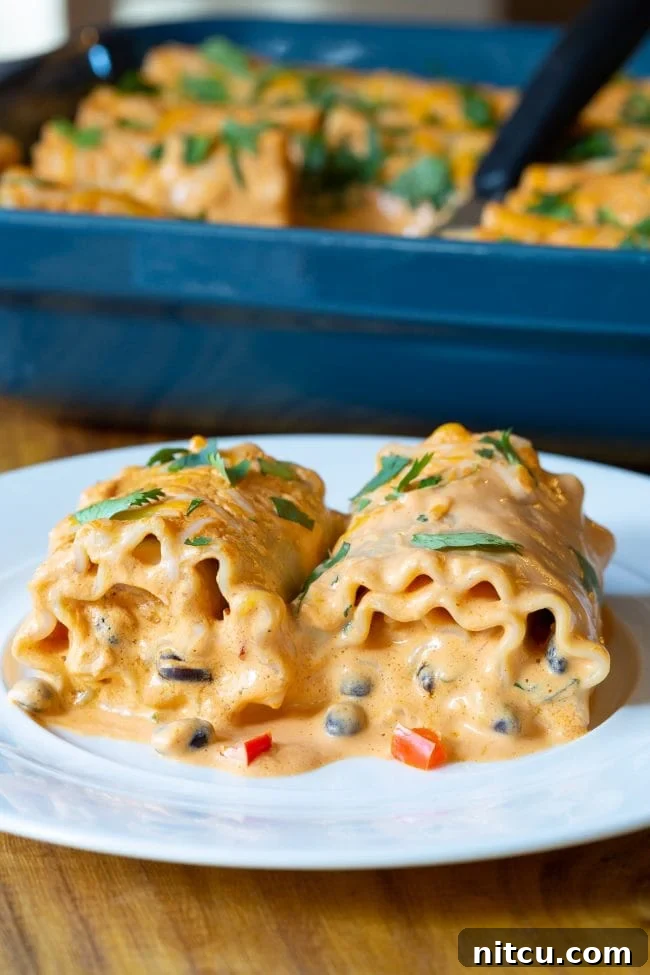 Two southwest lasagna roll ups on a white plate, garnished with fresh cilantro.