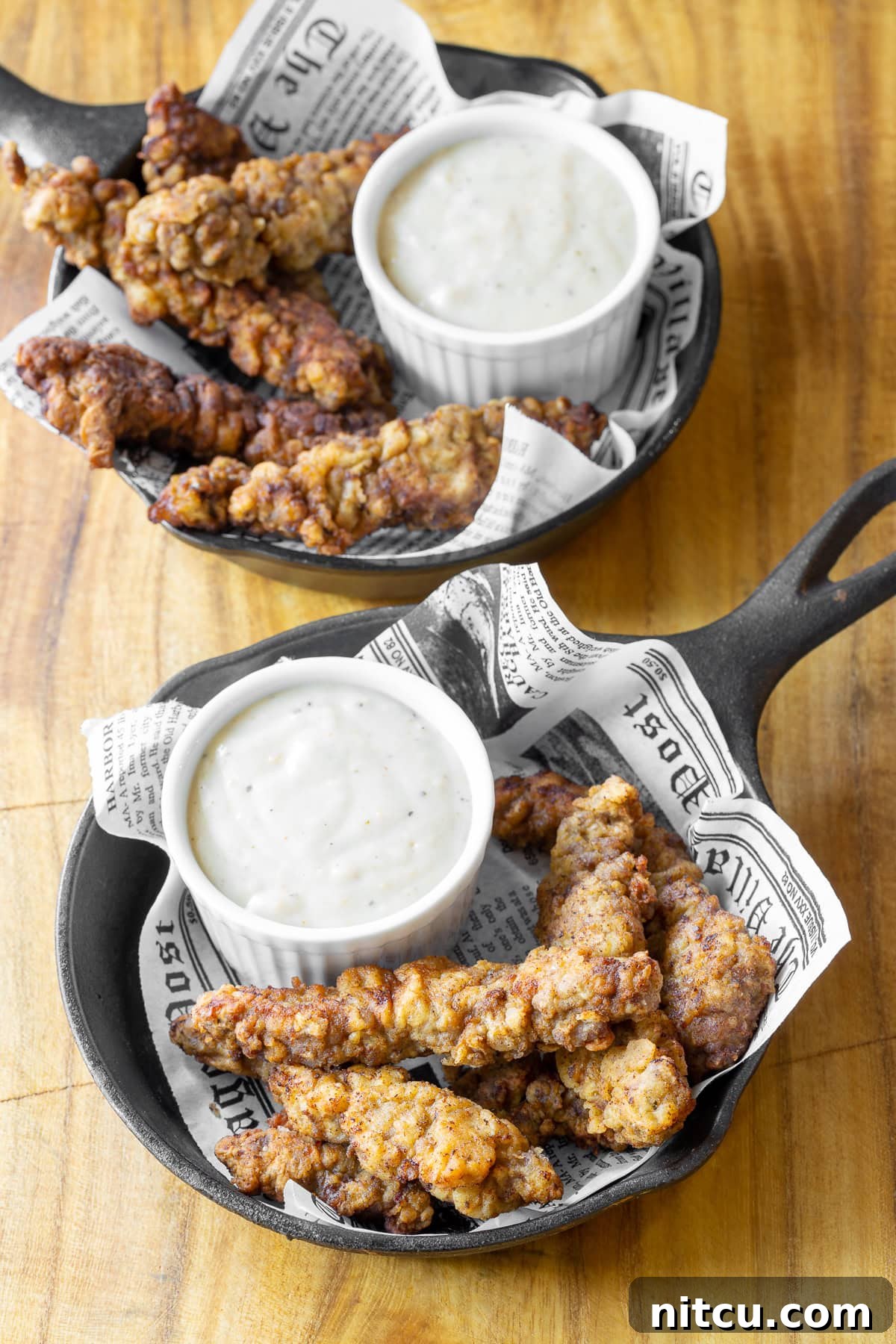 Two cast iron plates lined with newspaper, each holding a generous serving of crispy steak fingers and a small ramekin of creamy country gravy.