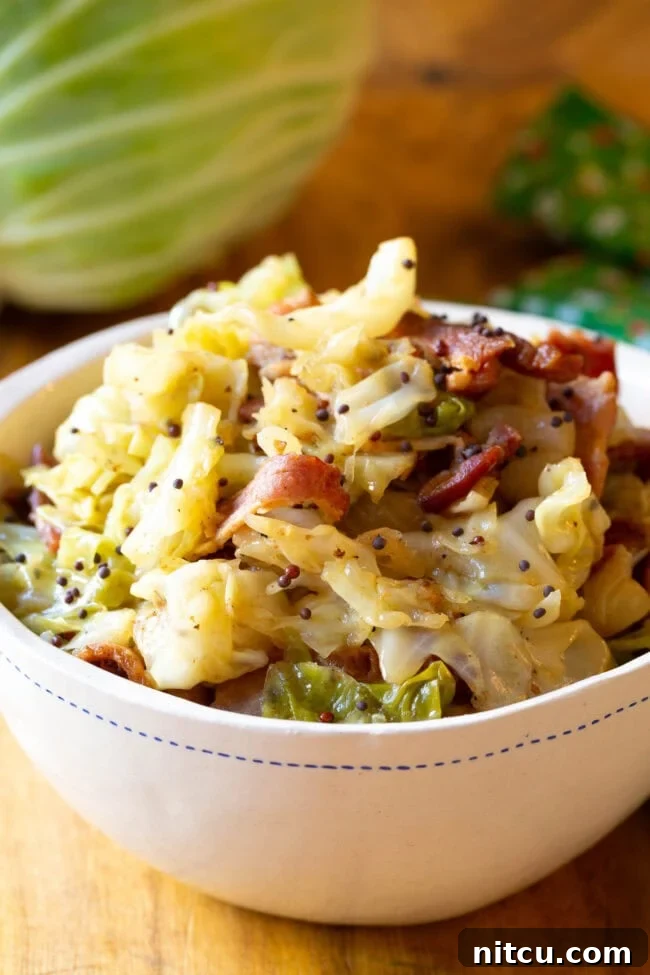 A bowl of freshly cooked Irish Bacon and Cabbage, ready to be served.