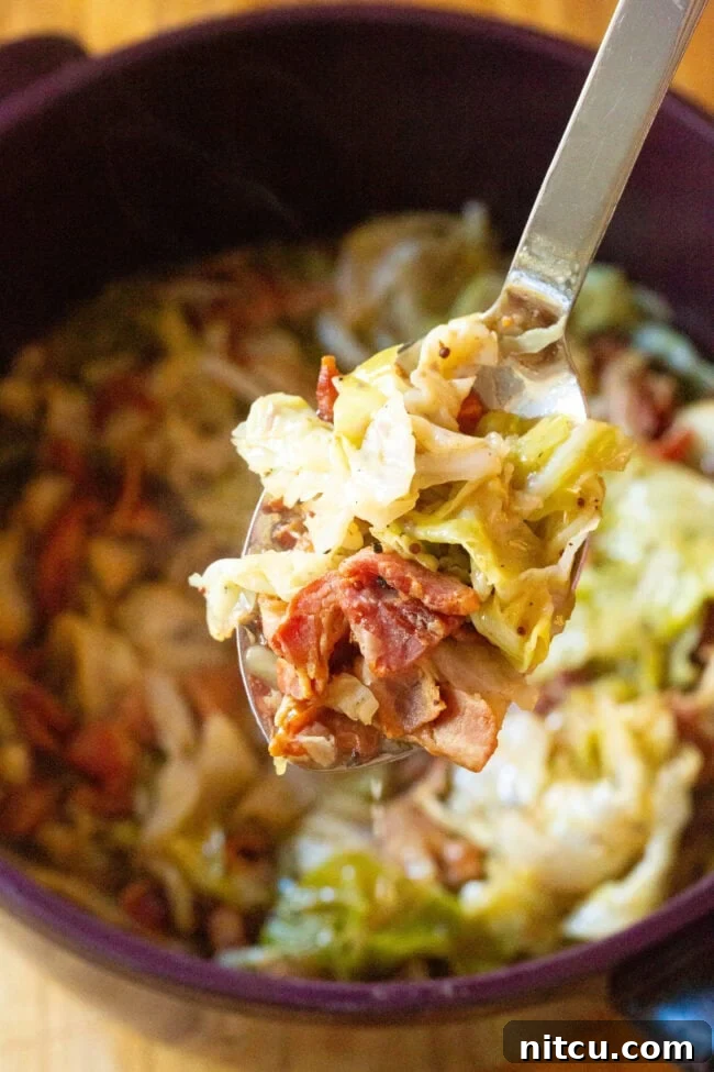 Irish Bacon and Cabbage cooking in a large stockpot, with a spoon lifting a portion of the savory dish.