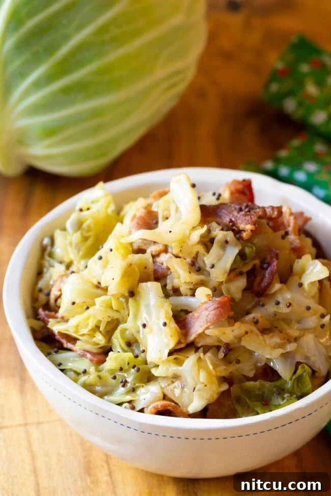 A simple yet satisfying bowl of easy Cabbage and bacon, perfectly cooked and ready to eat.